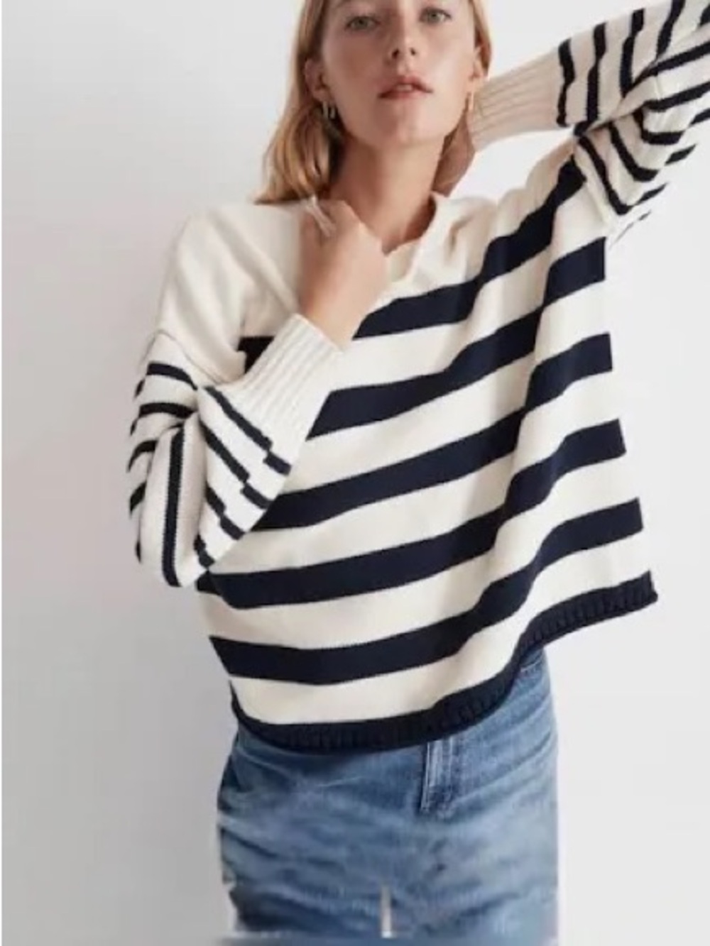 Madewell Cream & Black Striped Cotton Crewneck Sweater